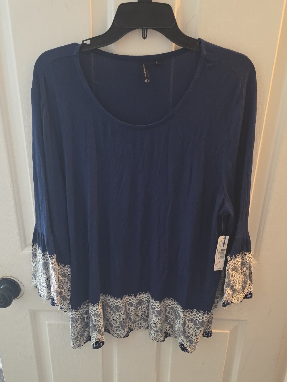 new directions Navy Scoop Neck Top with White Lace Trim